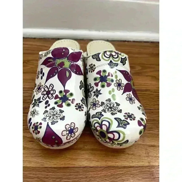 Sanita Clogs Sz 39 Open Back Mules Purple Floral Print Danish Funky Comfort Cute - Picture 4 of 12